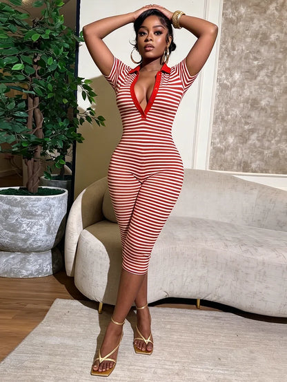 Short Sleeve Shape Waist Playsuit Woman Stripe Patchwork Sexy Deep V-Neck Stretch High Street Fashion Style Rompers