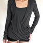Button Decoration t-Shirt Women Square Collar Full Sleeve Folds Solid Leisure Classic Simple Comfortable Streetwear
