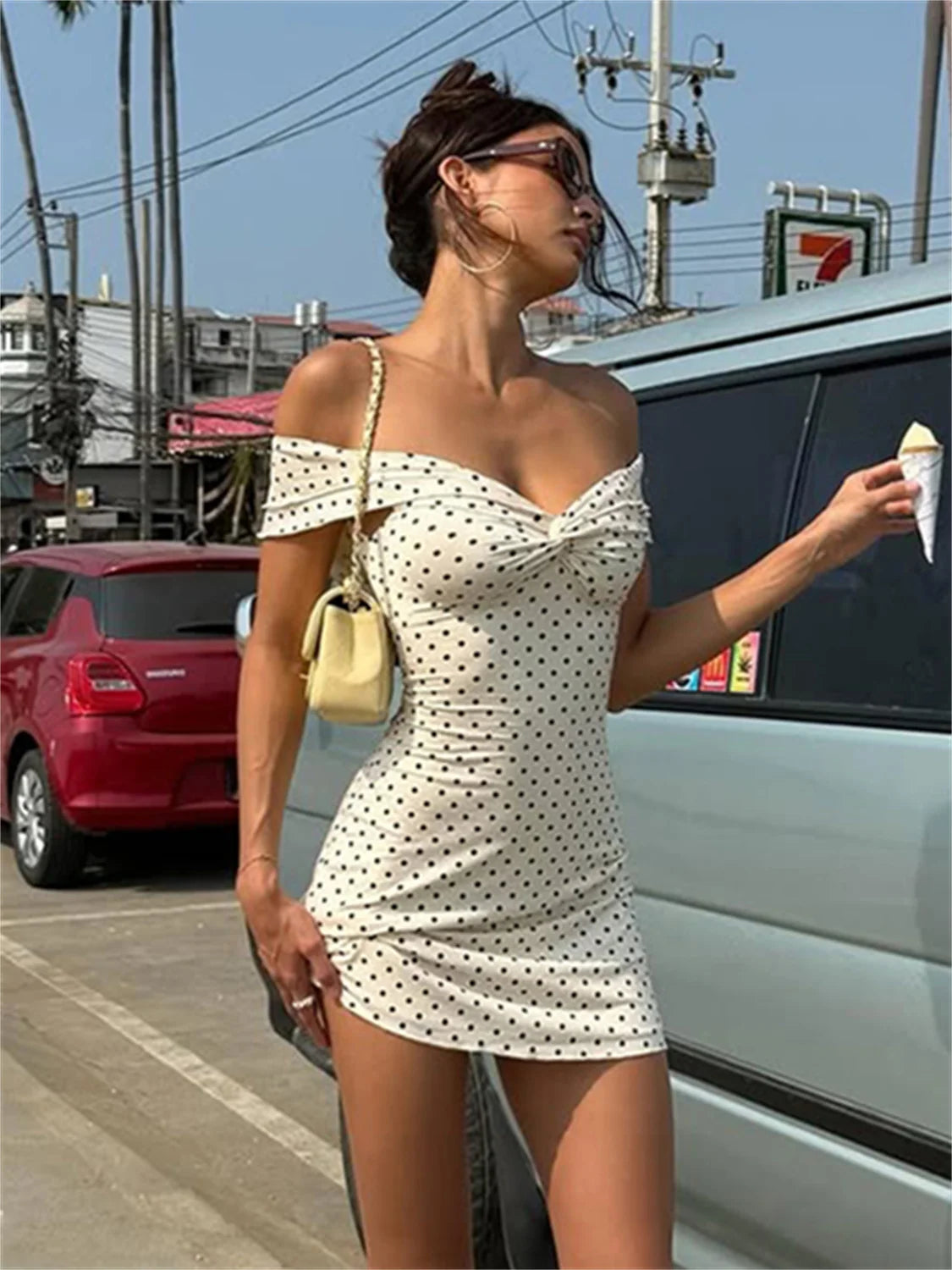 Sexy  Fashion Polka Dot Print Dress Women Slash Neck Ruched Patchwork Sleeveless Summer Street Party Chic Mini Bodycon