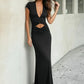Deep V Cap Sleeve Maxi Dress Women Twist Ruched Waist Cut Out Bodycon Long Dress Night Out Wedding Guest Party Gown