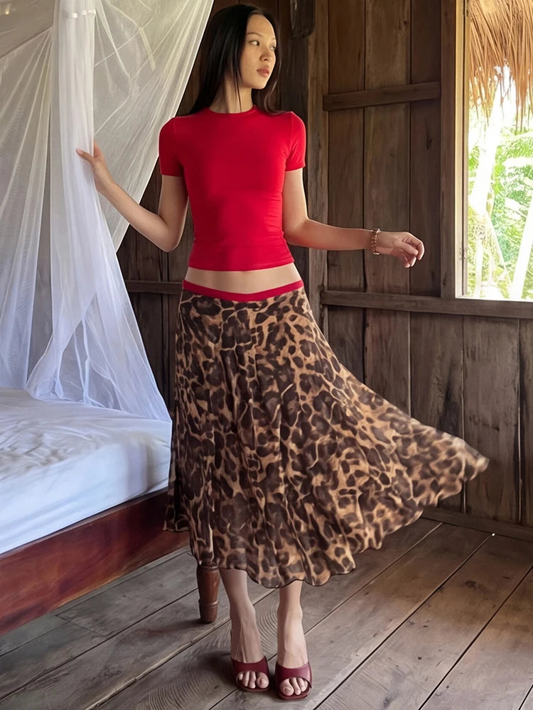 Patchwork Leopard Print Skirt Women Elastic Waist Classic Street Chic Summer Fashion Vacation Daily Leisure Clubwear