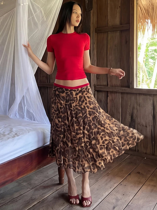 Patchwork Leopard Print Skirt Women Elastic Waist Classic Street Chic Summer Fashion Vacation Daily Leisure Clubwear