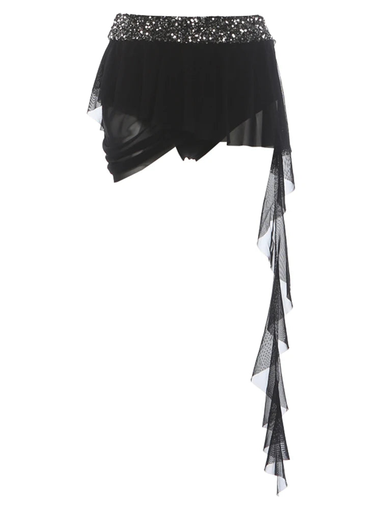 Sexy 2-Piece Set Women Cross Bandage Hollow Lapel Vest+Patchwork Sequin Irregular Folds Tassel Skirt Midnight Suit
