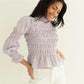 Women Smocked Ruffle Hem Blouses Pleated Patchwork Long Lantern Sleeve Ruched Shirts Y2k Vintage Going Out Babydoll Tops