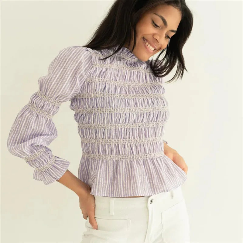Women Smocked Ruffle Hem Blouses Pleated Patchwork Long Lantern Sleeve Ruched Shirts Y2k Vintage Going Out Babydoll Tops
