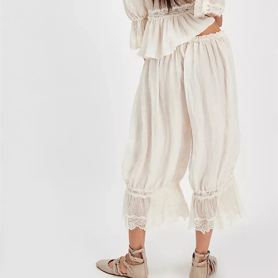 Women Y2K Lace Trim Pants Vintage Pettipants Long Bloomers Pants Under Dress Pantaloons Cute Ruffle Pumpkin Pants