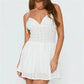 Shirred Waist Eyelet Cutwork Floral Slip Mini Dress For Women Tie Thin Straps Deep V Backless Casual Holiday Sundress