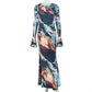 Colorful Print Dress Women Fashion Trend Skew Collar Puff Sleeve Stretch Elegant Vacation Party Club Long Bodycon