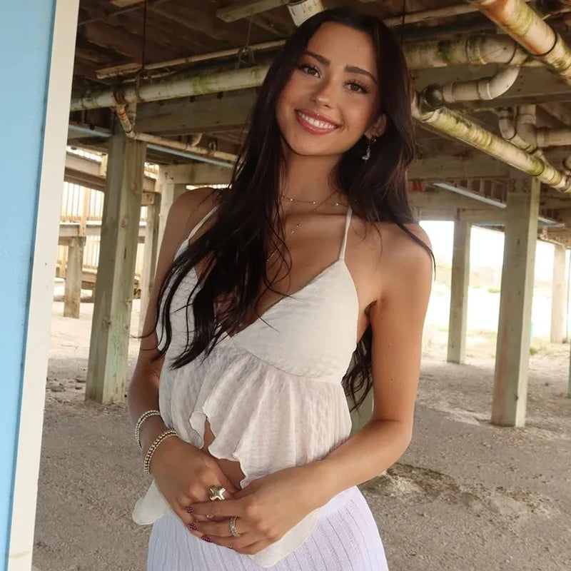 Coquette Tank Tops for Woman V Neck Irregular Hem Backless Crop Top Sexy Summer Camis