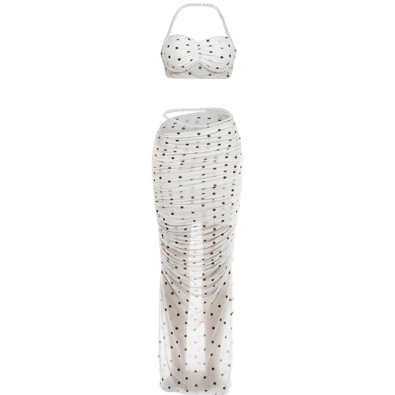 Chic Polka Dot Print 2 Piece Set Woman Beads Decoration Halter Backless Tank Top+See Through Design Skit Elegant Suits