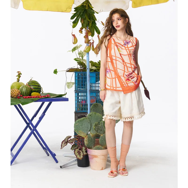 Women's Grid Fruit Cake Print Sleeveless Cami Top, Asymmetrical Hem Loose Chiffon Tank for Daily