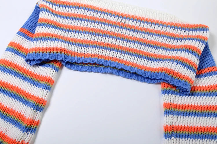 Colorful Striped Crop Sweater Women Hipster Long Sleeve Slash Neck Casual Christmas Activity Streetwear Pullover Tops
