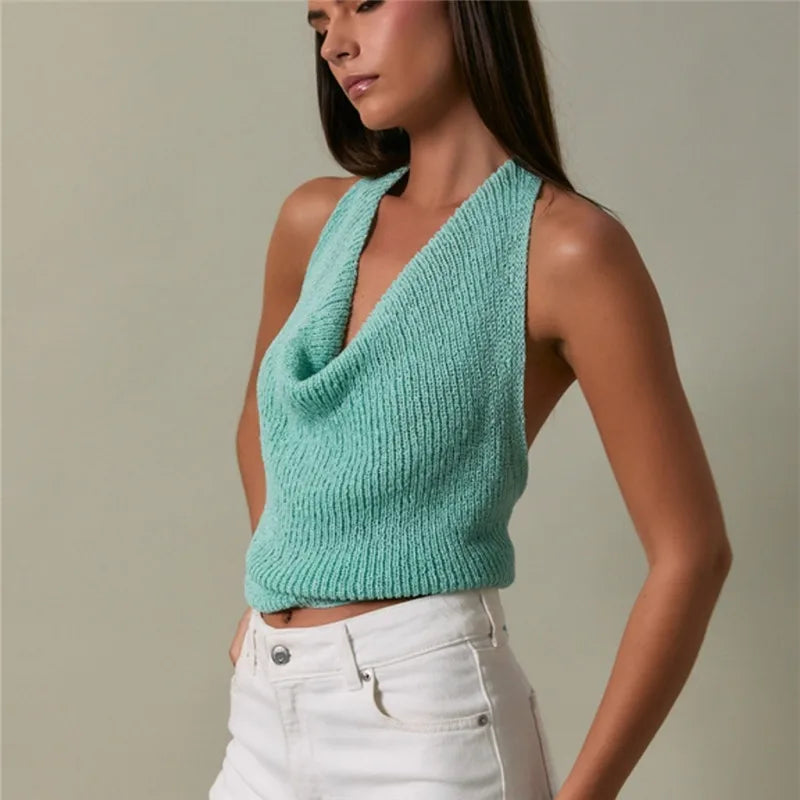 Retro Y2K Cowl Neck Knit Halter Top with Open Back Tie Cropped Sleeveless Sweater for Grunge Streetwear Urban Outfits