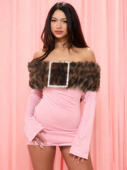 Leopard Furry Patchwork Mini Dress Woman Fake Diamonds Decoration Slash Neck Full Sleeve Backless Fashion Bodycon