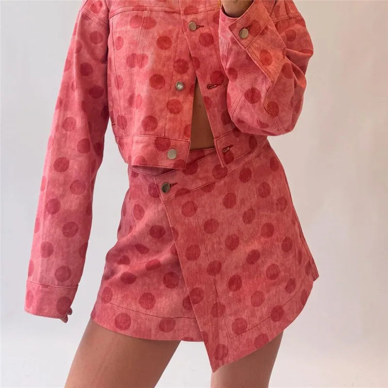 Casual Summer Polka Dot Print Mini Jeans Skirts Women Denim Wrap Skirts for Beach Vacation Club Y2K Vintage Streetwear