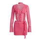Women Y2K Sheer Mesh Bodycon Mini Dress Ruffle Detail Flare Long Sleeve Deep V Choker Cutout Slim Party Nightclub Dress