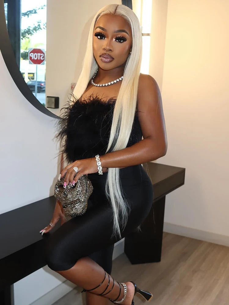 Furry Women 2 Piece Set Women Hipster Feather Strapless Tops+Bike Shorts Matching Hipster Summer Midnight Clubwear