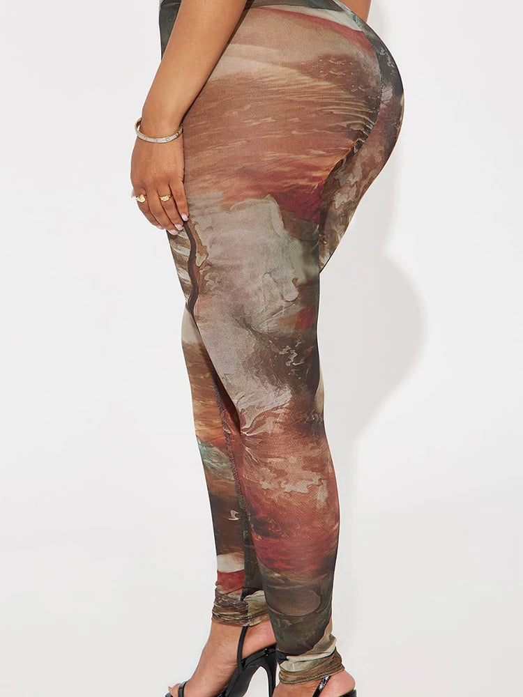 Sexy See Through Women Leggings Colorful Print High Waist Tight Midnight Party Club Y2K Stretch Skinny Long Trousers