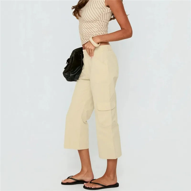 Women Solid Cargo Capri Pants Low Waist Multi Pockets Loose Wide Leg Cropped Trousers Y2K Summer Streetwear Pants