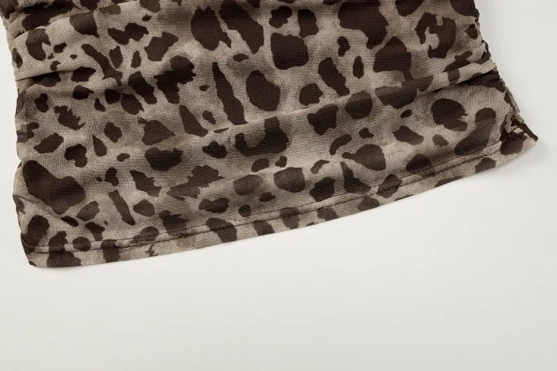 Leopard Print Mesh Sheer Sexy One Shoulder Top Long Sleeve Shirts & Blouses Woman Fall