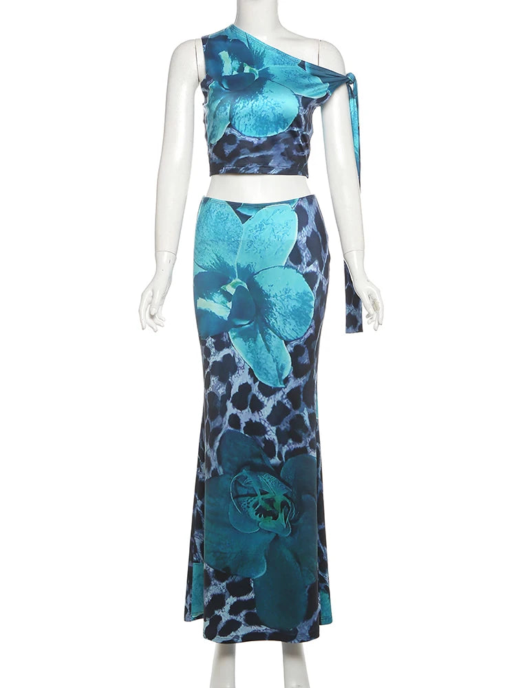 Leopard Flower Print 2 Piece Set Women Skew Collar Ribbon Crop Tops+Skinny Ruched Skirts Midnight Wild Style Outfits