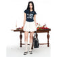 Vintage Lace Number Print T-shirt Slim V Neck Short Sleeve Top, Y2K Casual Fitted Tee, Sporty Graphic Crop T-shirt