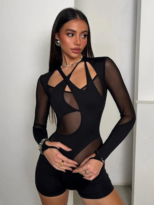 Mesh Patchwork Sexy Playsuits Women Cross Neck Full Sleeve Fashion Midnight Party Elasticity Skinny Street Wild Outfits
