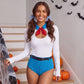 Women Contrast Collar Long Sleeve Bodysuit High Waist Shorts Set Halloween Cosplay Fancy Party Costume With Bow And Belt