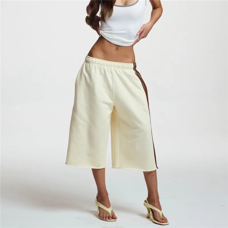 Women Side Striped Wide Leg Capri Pants Elastic Waist Raw Hem Loose Baggy Cropped Sweatpants Casual Jogger Trousers
