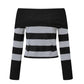 Women Off Shoulder Striped Knit Sweater Long Sleeve Distressed Ripped Hollow Out Loose Pullover Y2K Street Knitted Top