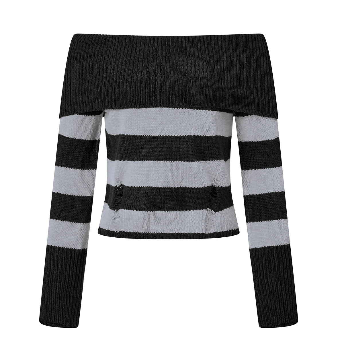 Women Off Shoulder Striped Knit Sweater Long Sleeve Distressed Ripped Hollow Out Loose Pullover Y2K Street Knitted Top