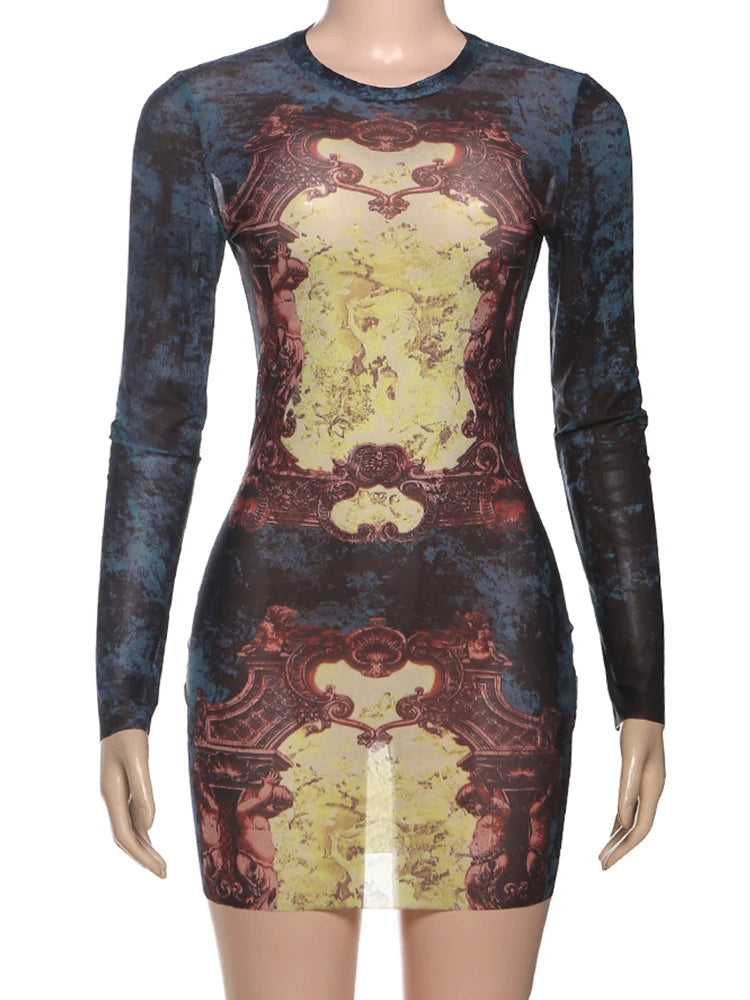 Peach Hip Sexy See Through Mini Dress Woman Colorful Print o-Neck Full Sleeve Skinny Midnight Fashion Club Party Bodycon