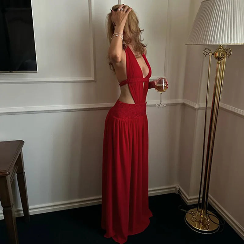 Lace-up Halter Neck Backless Maxi Dresses for Woman Sexy Red Evening Dress Birthday Gown Summer 2026