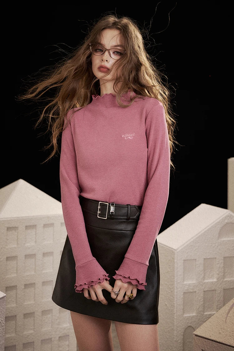 2025 Winter New Arrivals Casual Animal Embroidered Flounce Sleeve Long Sleeve Half Neck T-shirt For Woman