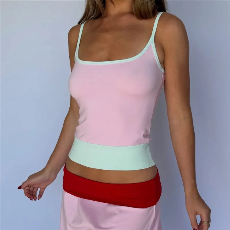 Contrast Trim Color Block Cami Top Women Spaghetti Strap Square Neck Slim Fit Retro Y2K Sleeveless Layered Tank Top