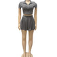 Ribbed Casual 2 Piece Set Women Zip Cardigan Short Sleeve Crop Tops+Ruched Ruffles Skirt Daily Simple Fashion Outfits