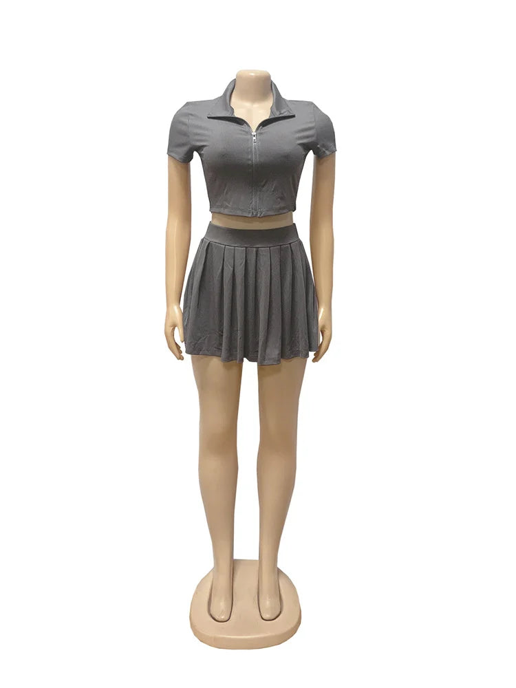 Ribbed Casual 2 Piece Set Women Zip Cardigan Short Sleeve Crop Tops+Ruched Ruffles Skirt Daily Simple Fashion Outfits