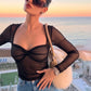 See Through Folds t-Shirt Women Low-Neck Full Sleeve Elasticity Skinny Sexy Hottie Midnight Autumn Fashion Streetwear