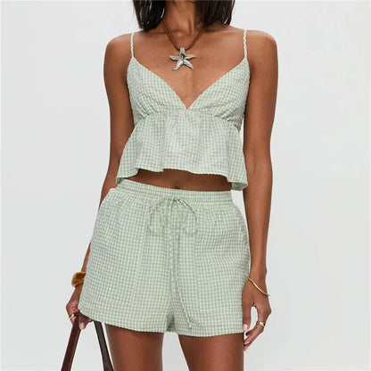 Women Vintage Two Piece Shorts Set Plaid V-neck Backless Camisole with Elastic Waist Shorts Summer Beach Holiday Outfit