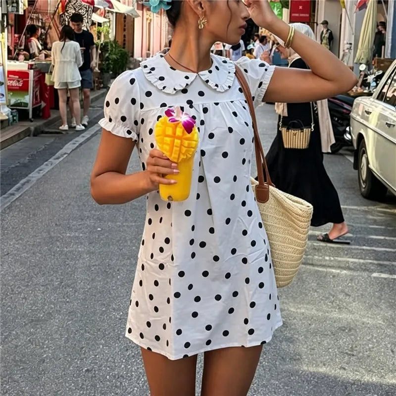 Cute Ruffle Collar Polka Dot/Striped Dress Women's Short Puff Sleeve Loose A-Line Casual Mini Sundress Summer Streetwear