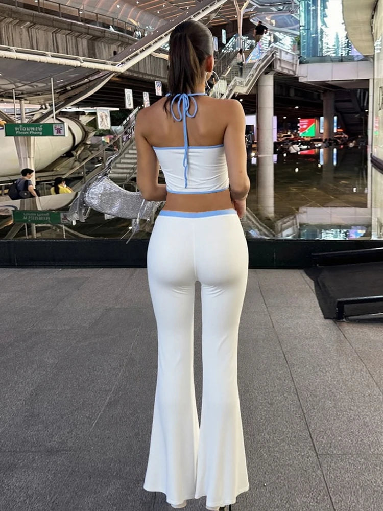 Letter Print 2 Piece Set Women Halter Bandage Crop Tops+Drawstring Stretch Flare Pants Vacation Casual Simple Suits