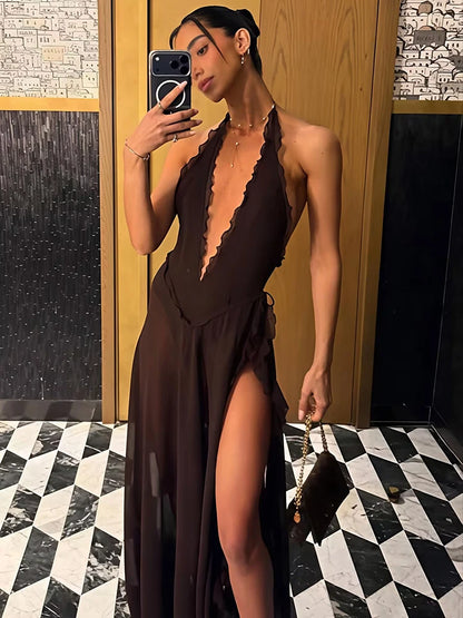 Halter Deep V Neck Backless Sexy Maxi Dress Women Elegant Off-shoulder Sleeveless High Split Club Party Long Dress