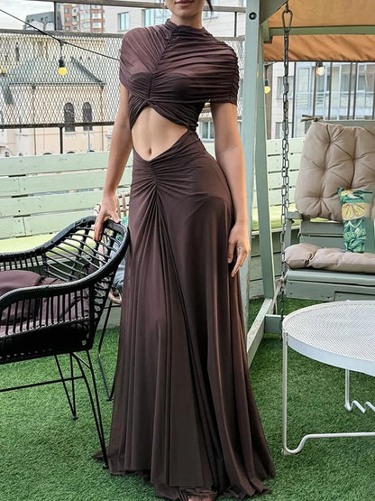 Cut Out Ruched Maxi Dress Mesh Patchwork Sheer Black Elegant Dresses Birthday Party Outfits for Woman