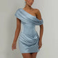 Women Satin Sexy Mini Dress Off Shoulder Draped Corset Bodycon Dress Ruched Wedding Guest Cocktail Party Evening Dress