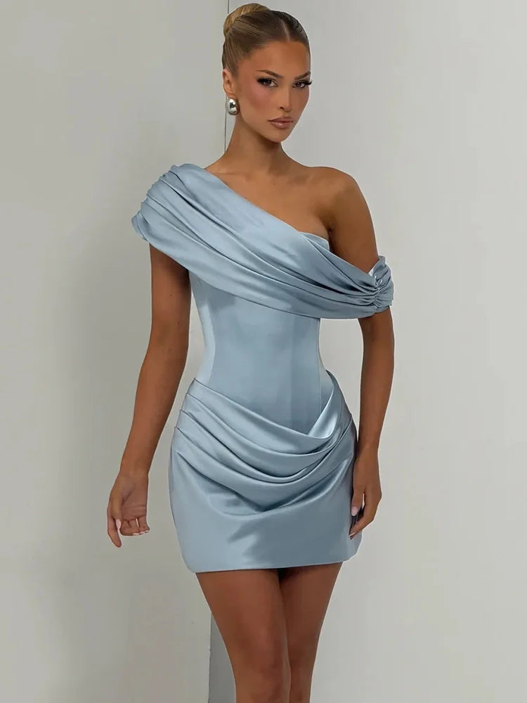 Women Satin Sexy Mini Dress Off Shoulder Draped Corset Bodycon Dress Ruched Wedding Guest Cocktail Party Evening Dress