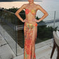 Sexy 3 Piece Set Women Y2K Colorful Print Double Buckle Tube Bra+Thong+Split Skirts Vacation Beach Clubwear Swimsuit