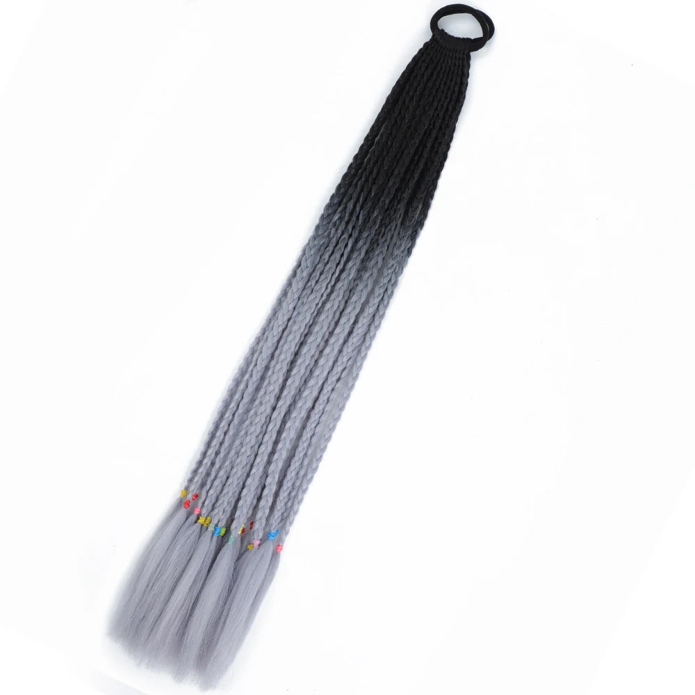 Synthetic 24inch Girls Colored Box Braided Ponytail With Elastic Rubber Band Hair Extensions Rainbow Color Box Pigtail Hairpiece