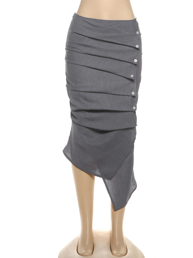 Sexy Ruched Bottom Women Button Zip Mid-Calf Skinny Peach Hip Simple Elegant Wild Collegiate Style Commute Streetwear