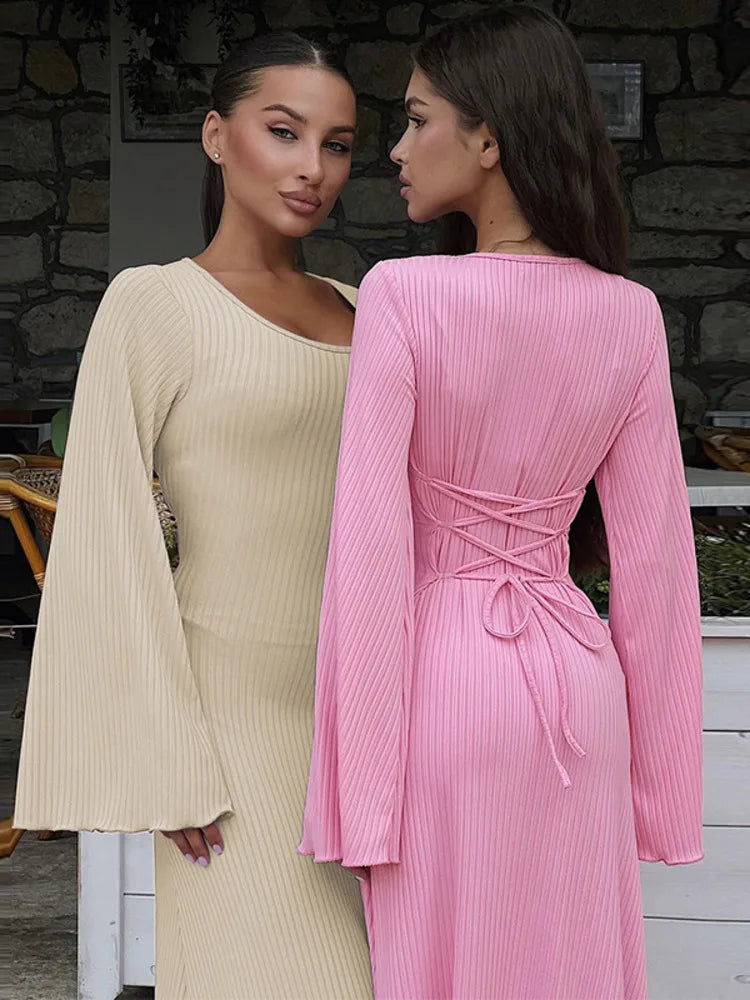 Ribbed Lace-up Long Sleeve Maxi Dress For Women 2023 Autumn Winter New Fashion Solid Bodycon Long Dress Elegant