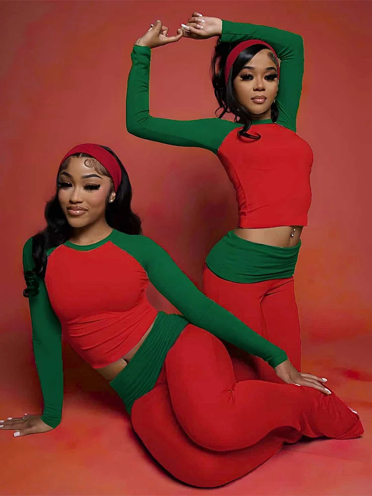 Christmas Party 2Piece Set Woman Contrast Patchwork o-Neck Full Sleeve Crop Tops+High Waist Long Pant Casual Fashion Suit